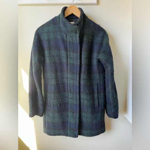 J‎ CREW FACTORY Boucle City Coat Black Watch Plaid Zip Preppy Dark Academia 0 - Picture 1 of 8